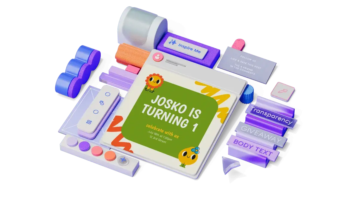 An invitation that reads "Josko is turning 1" surrounded by decorative 3D design elements