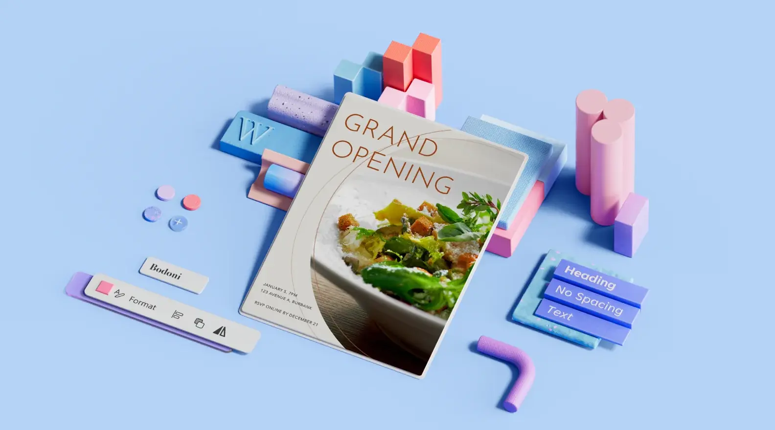 Sjabloon met flyer over grote opening, omgeven door 3D-ontwerpelementen