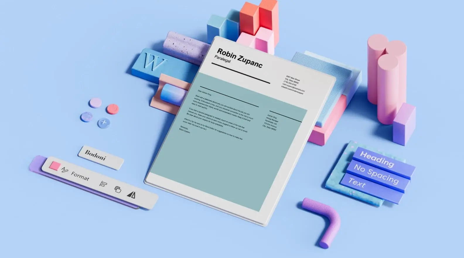 Modello di lettera di presentazione circondato da elementi di design 3D