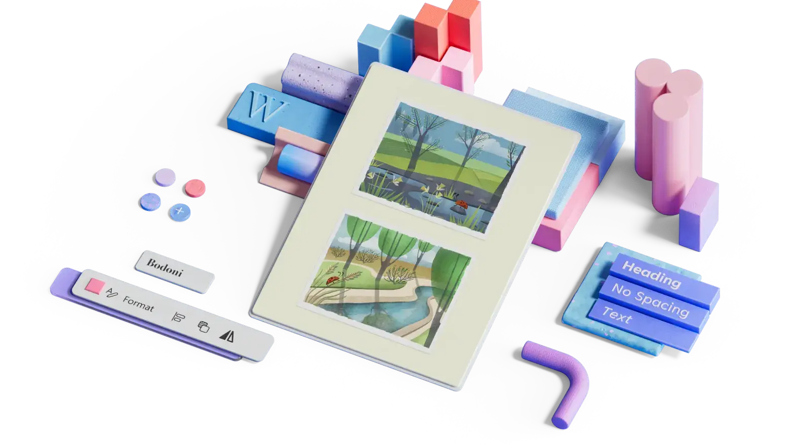 A nature-themed postcard surrounded by decorative 3D elements