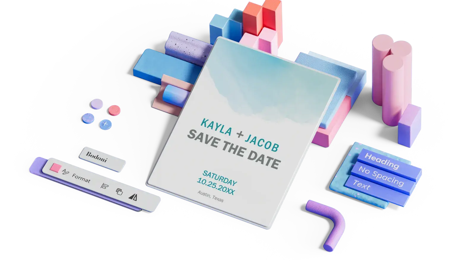 A stylized save the date card surrounded by decorative 3D elements