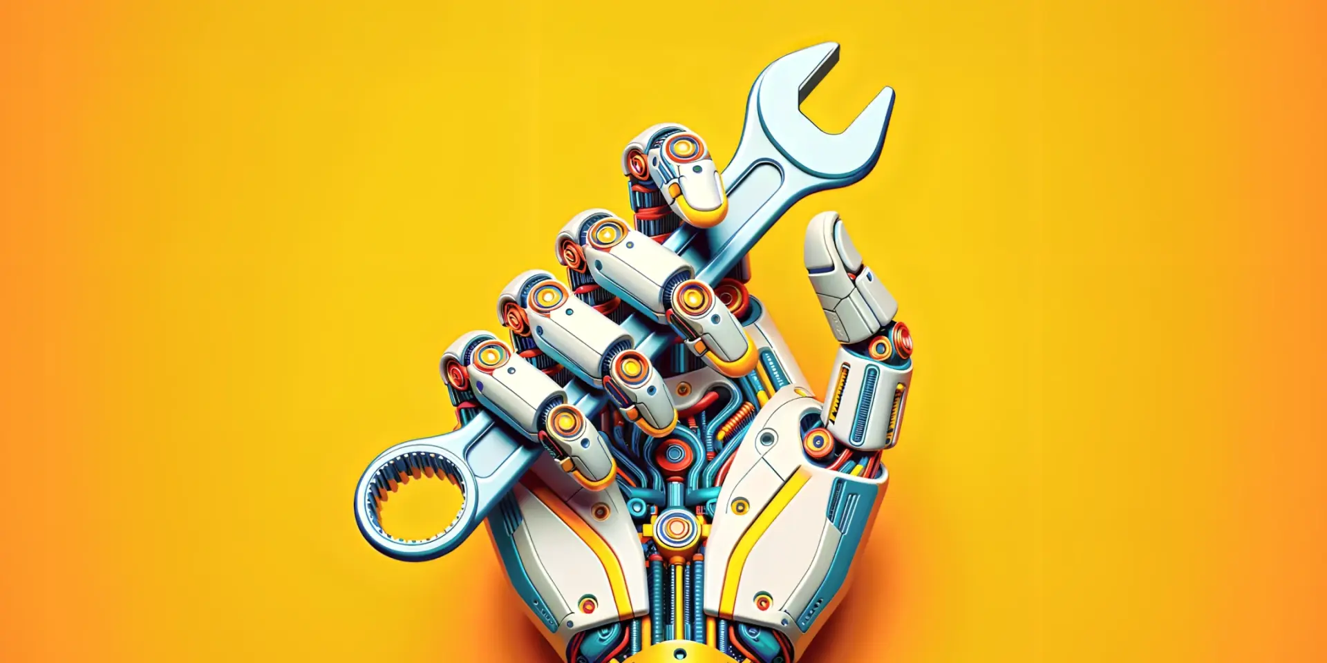 A robot hand holding a wrench on a yellow background