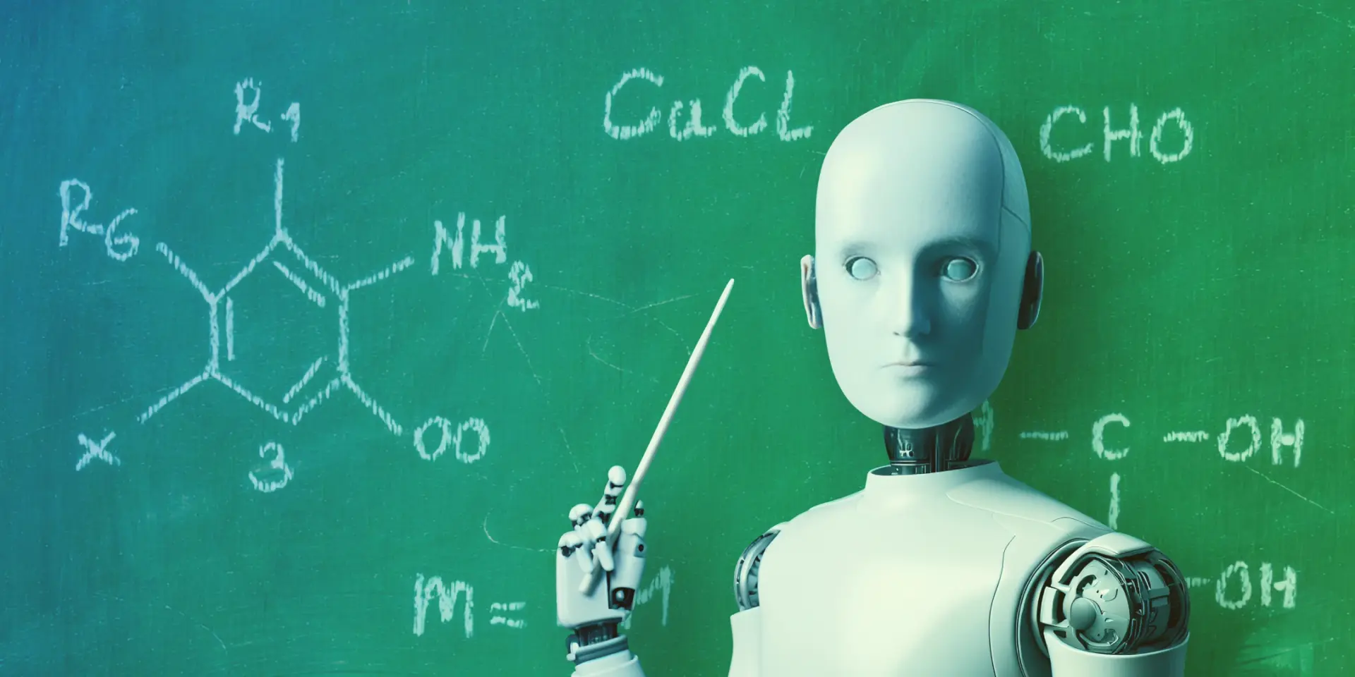 An illustrated graphic of a robot teaching in front of a chalkboard