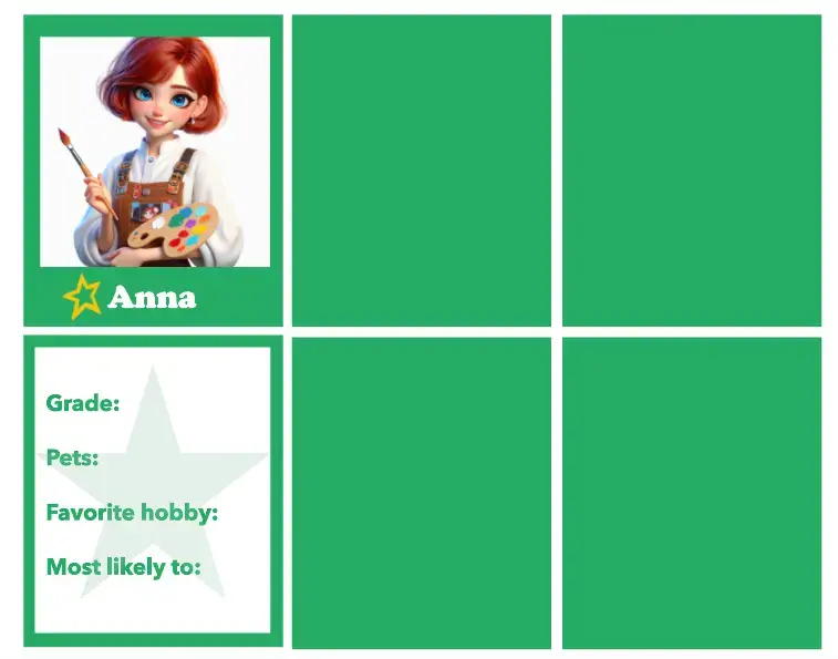 A screenshot of the 6 green rectangles from before, with 2 rectangles now designed to look like the front and back of trading cards