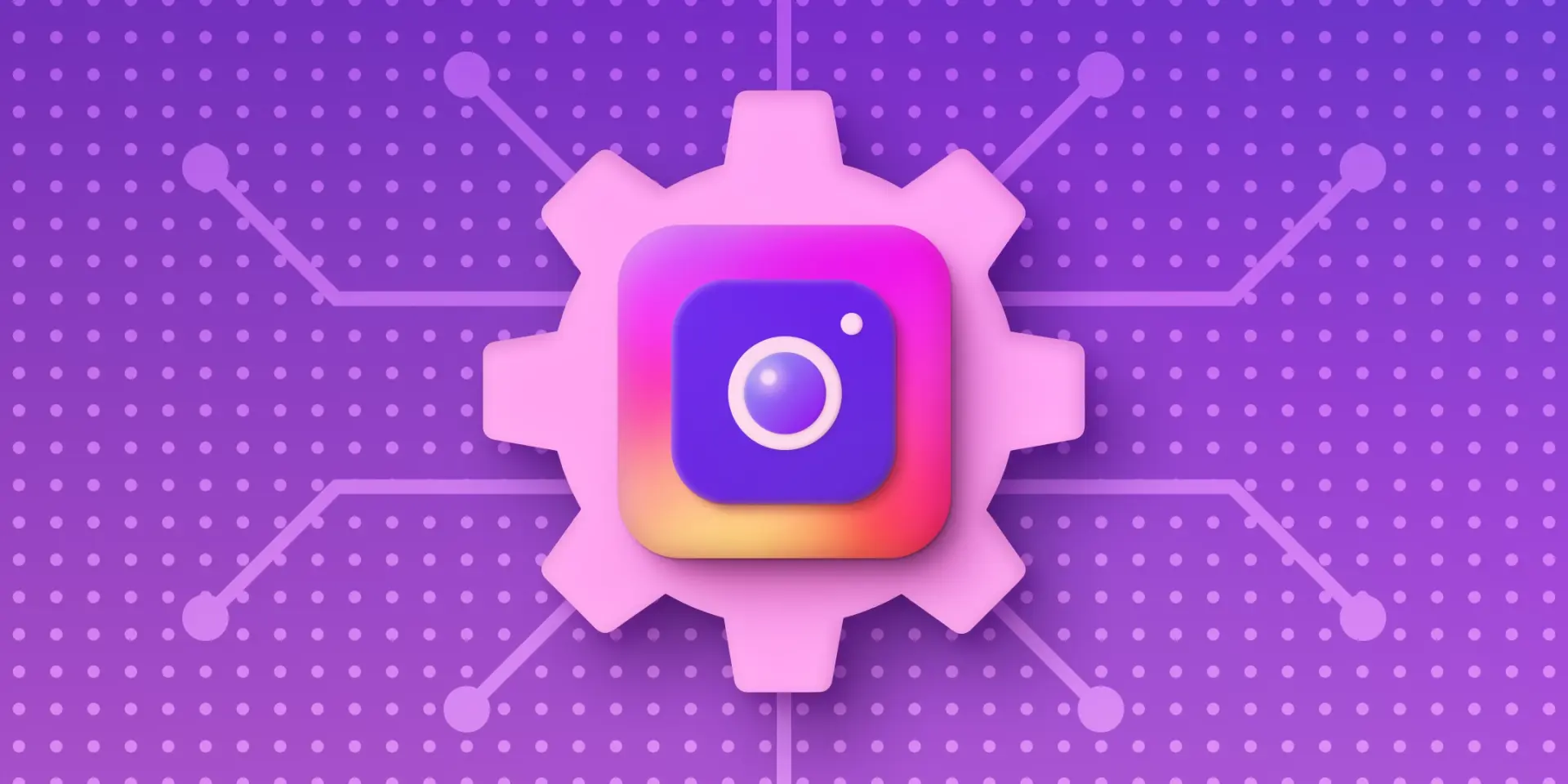 An Instagram icon with a purple gear behind it on a technological purple background