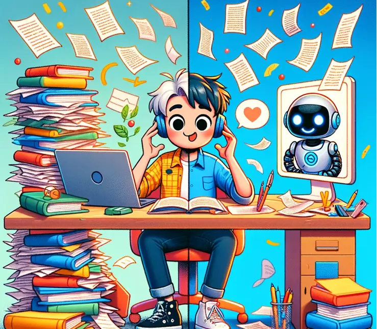 A cartoon of a boy at a desk. Half the picture is in disarray, with messy papers thrown everywhere, and half is tidy. 