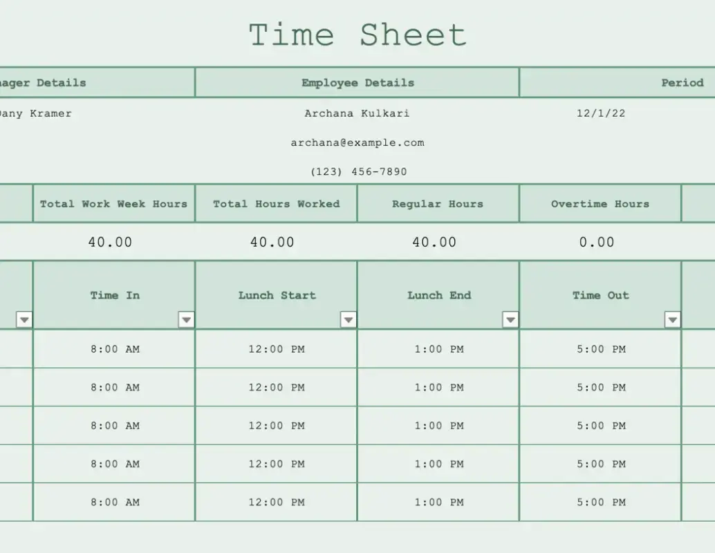The Timesheet (Worksheet) template for Excel