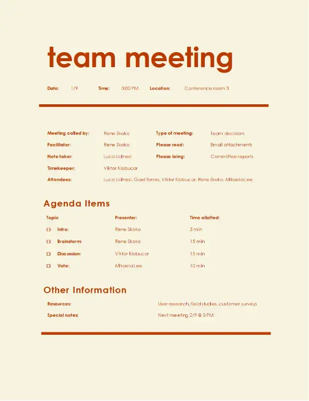 The Team Meeting Agenda (Informal) template