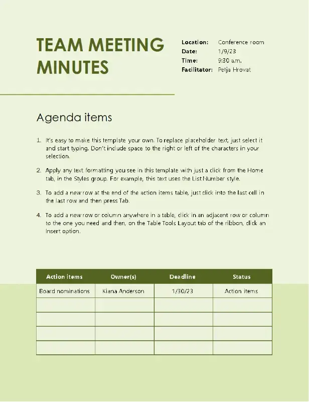 The Team Meeting Minutes template for Word