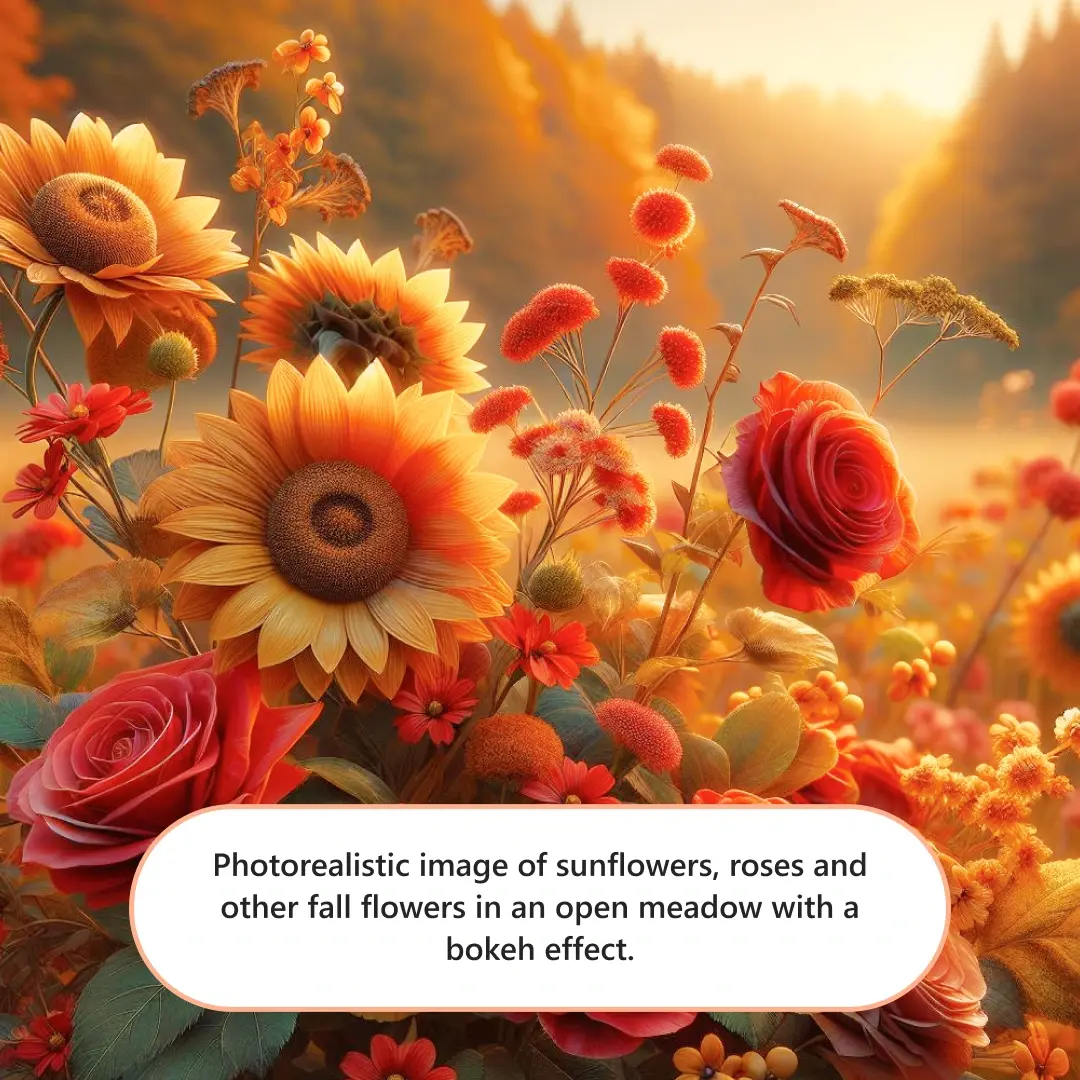 Photorealistic image of sunflowers, roses and other fall flowers in an open meadow with a bokeh effect.