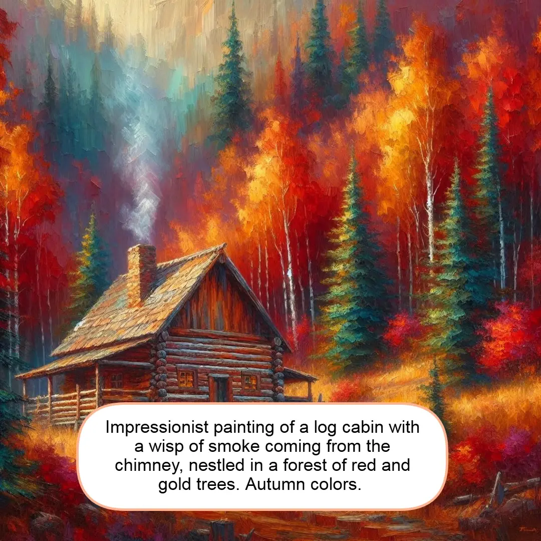 Impressionist painting of a log cabin with a wisp of smoke coming from the chimney, nestled in a forest of red and gold trees. Autumn colors.  