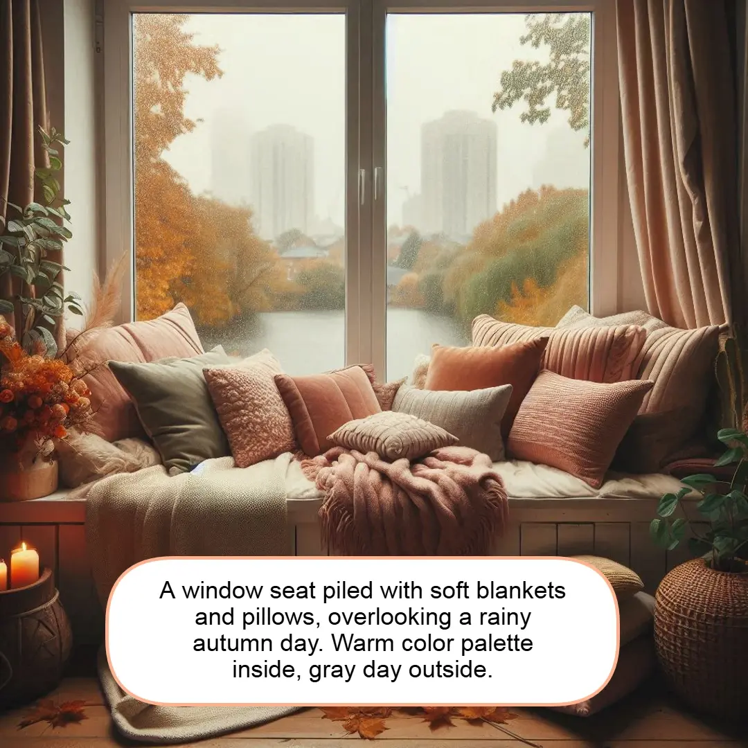 A window seat piled with soft blankets and pillows, overlooking a rainy autumn day. Warm color palette inside, gray day outside.  