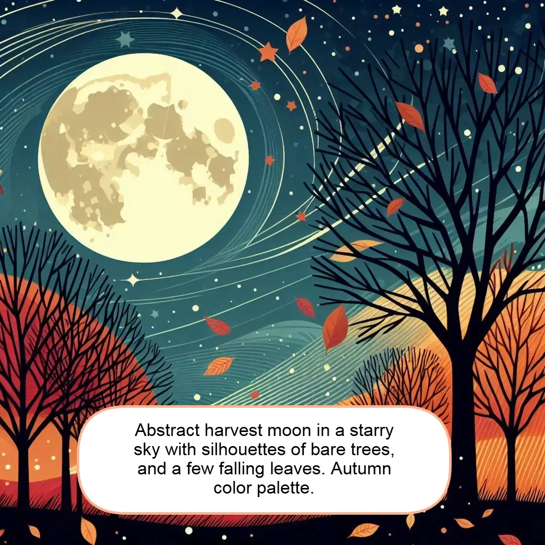 Abstract harvest moon in a starry sky with silhouettes of bare trees, and a few falling leaves. Autumn color palette. 