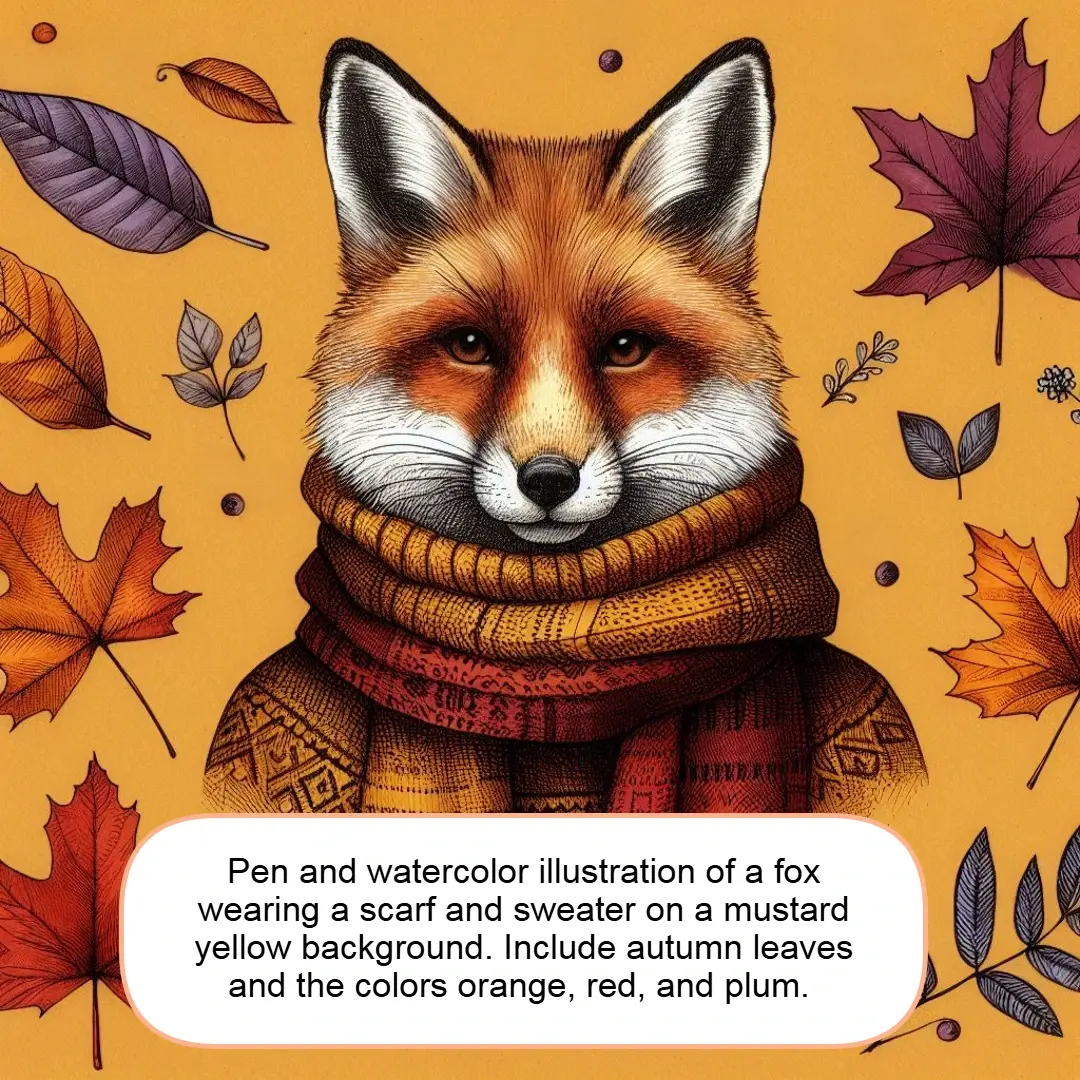 Pen and watercolor illustration of a fox wearing a scarf and sweater on a mustard yellow background. Include autumn leaves and the colors orange, red, and plum. 