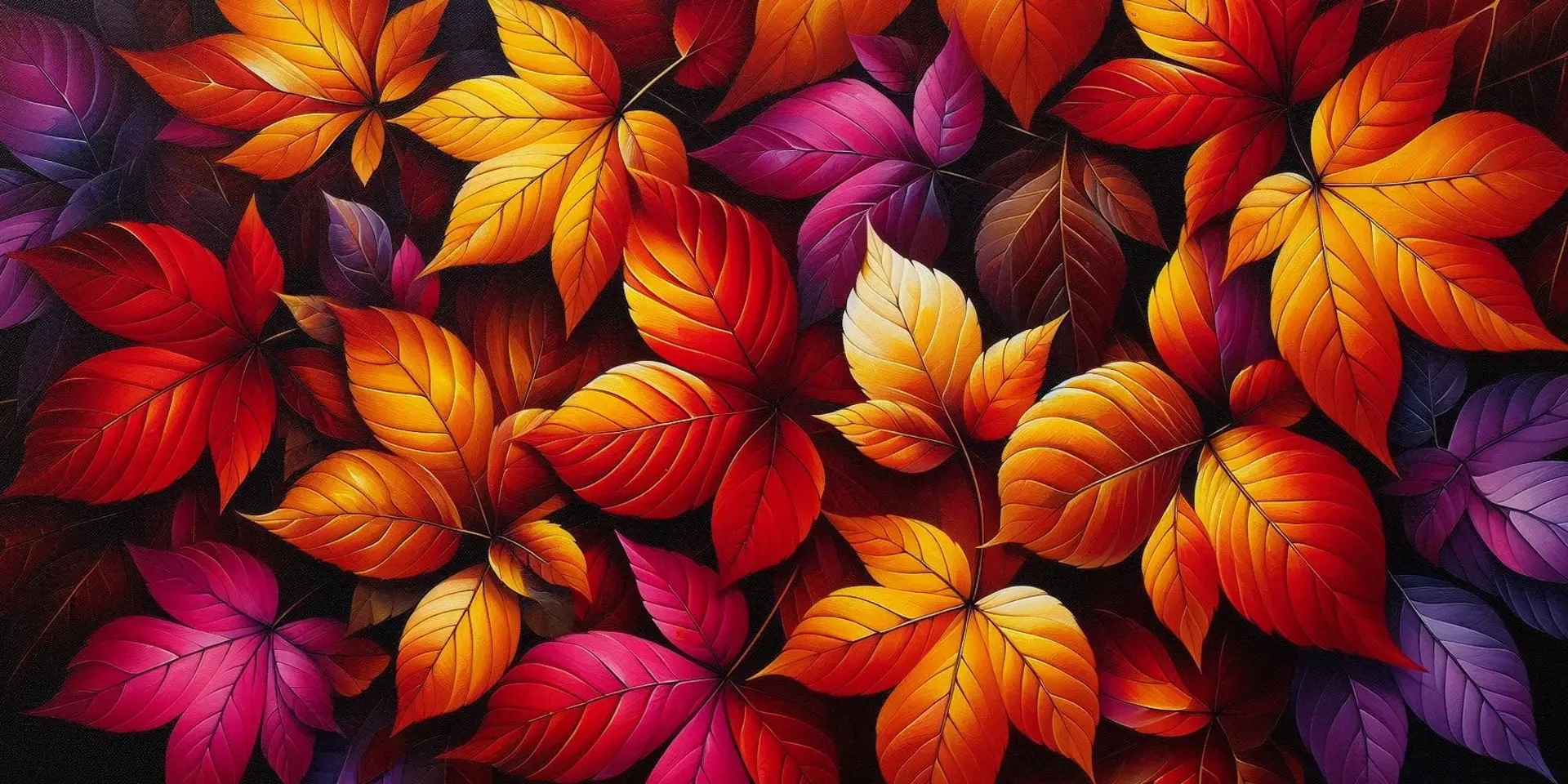 One of the results for the prompt "A vibrant painting of fall leaves in deep red, orange, mustard yellow, and plum." (Wide size)