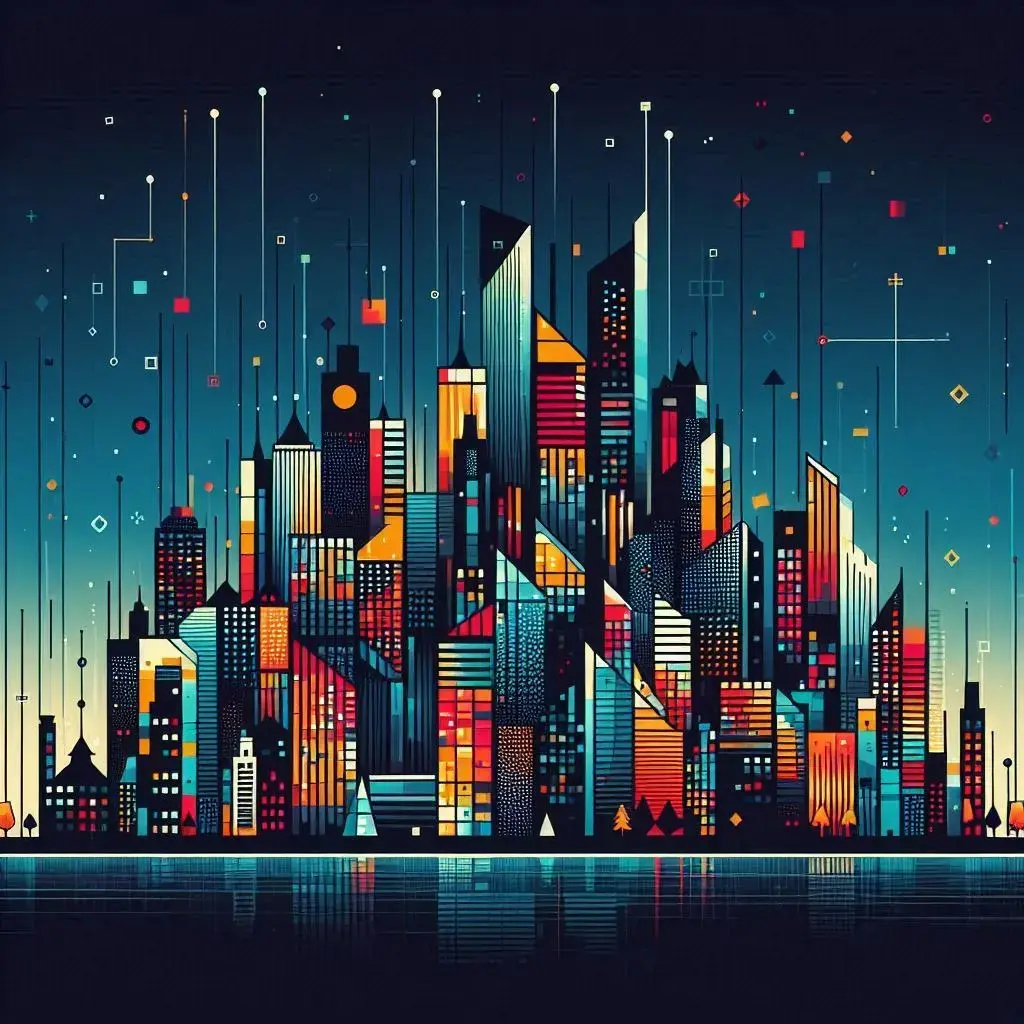 An abstract bustling cityscape at night