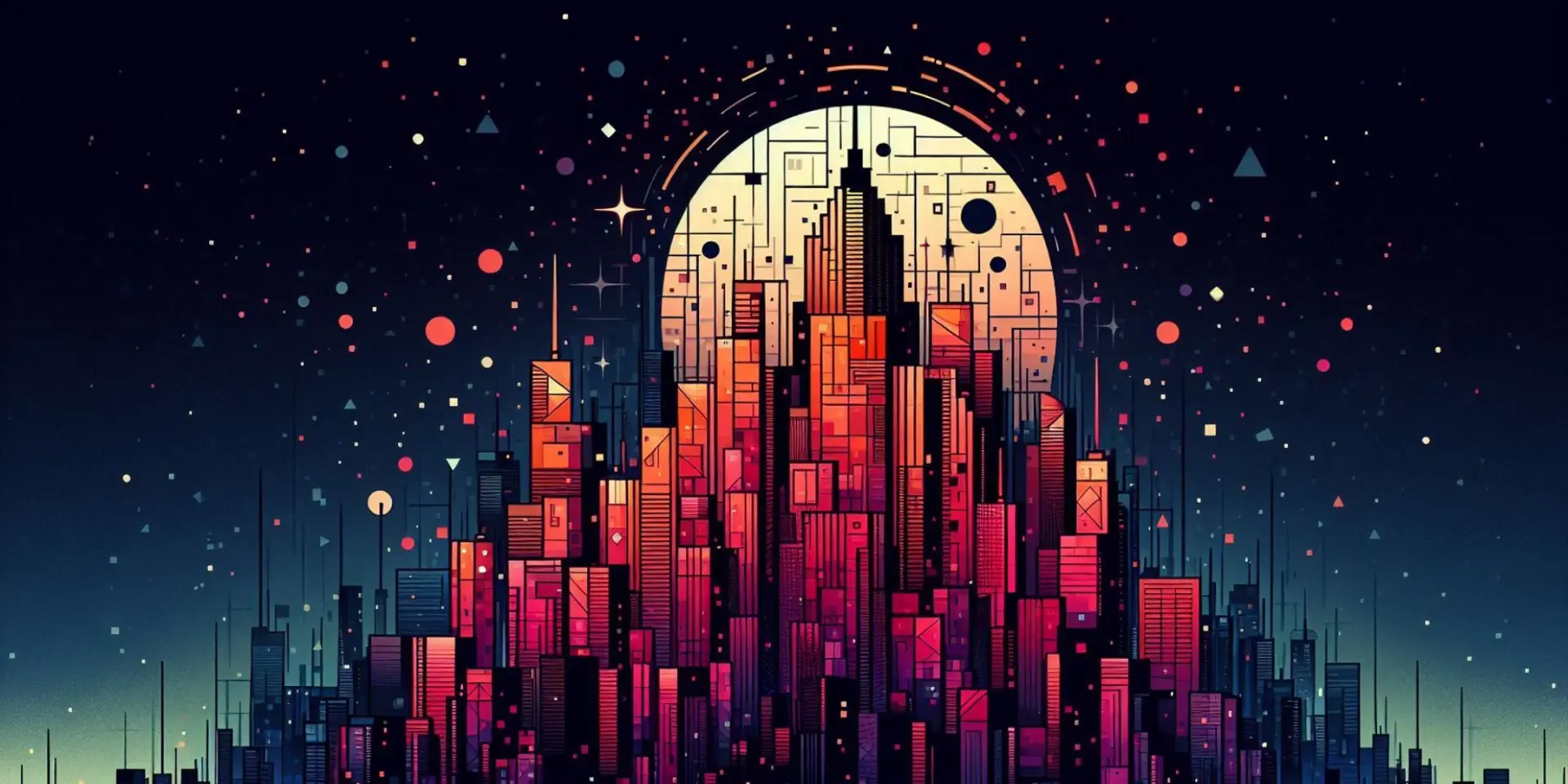 A geometric cityscape at night