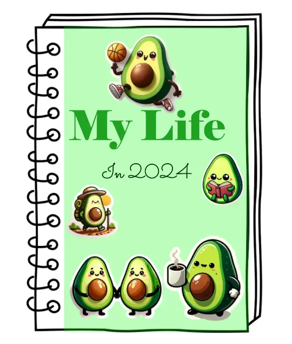 The finished notebook, which features a number of avocados doing various activities like hiking, reading, drinking coffee, and hanging out with a friend 