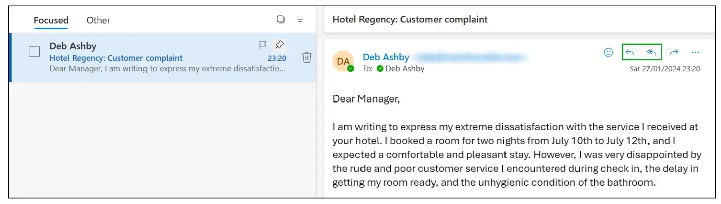 A screenshot of the customer complaint email Deb will be replying to