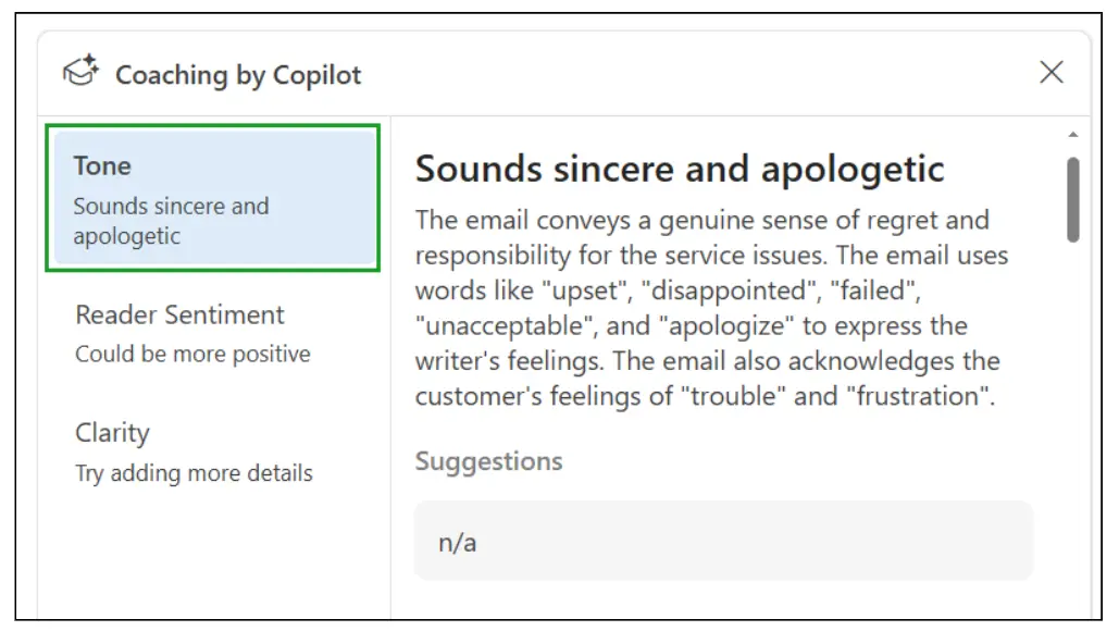 A screenshot of Copilot's assessment of the email's tone