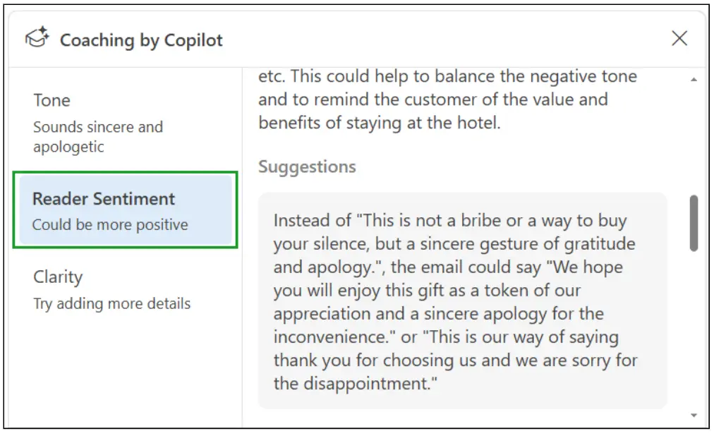 A screenshot of Copilot's suggestion for improving reader sentiment