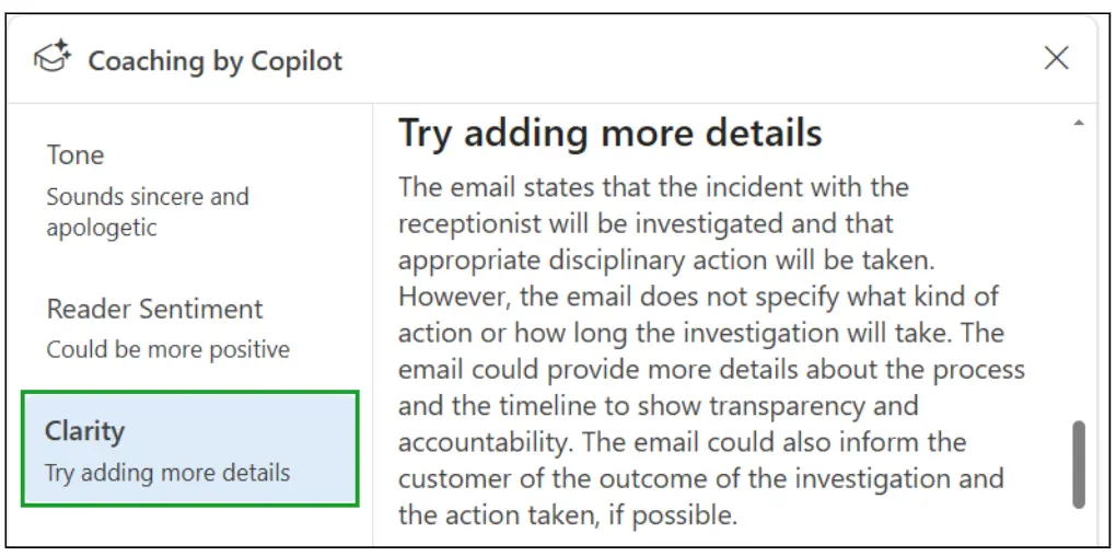 A screenshot of Copilot's assessment of the email's clarity