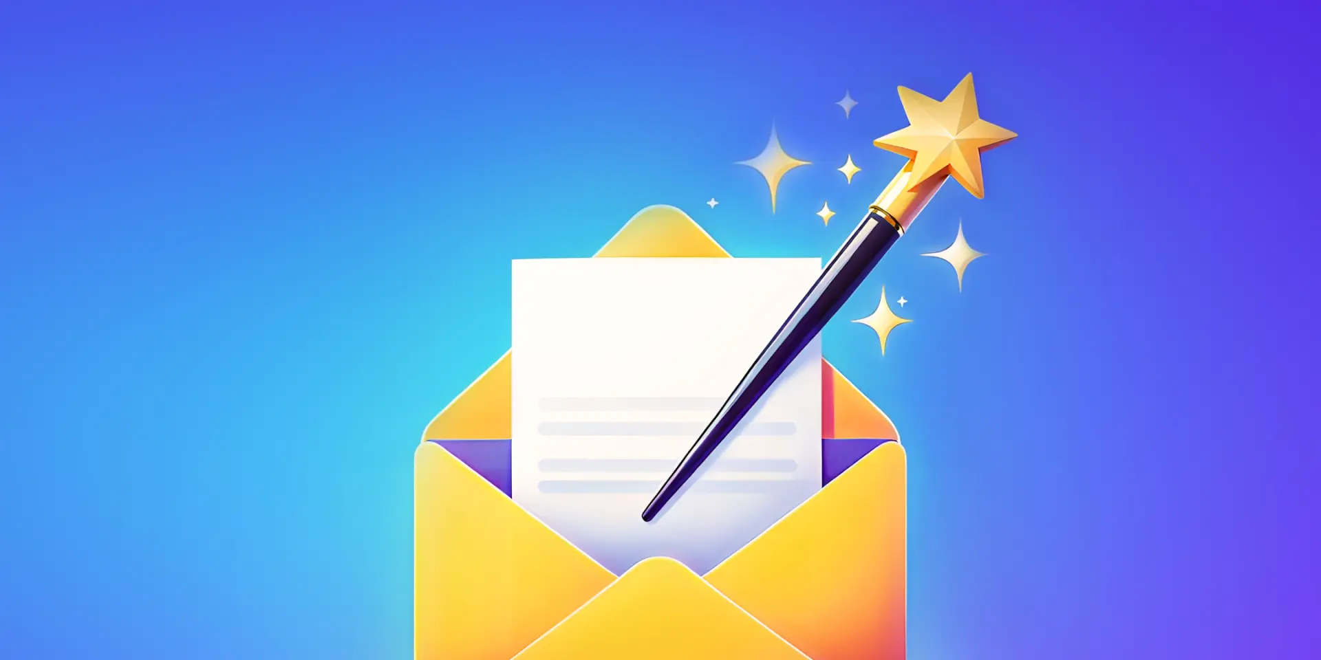 A stylized graphic of an envelope, letter, and magic wand 