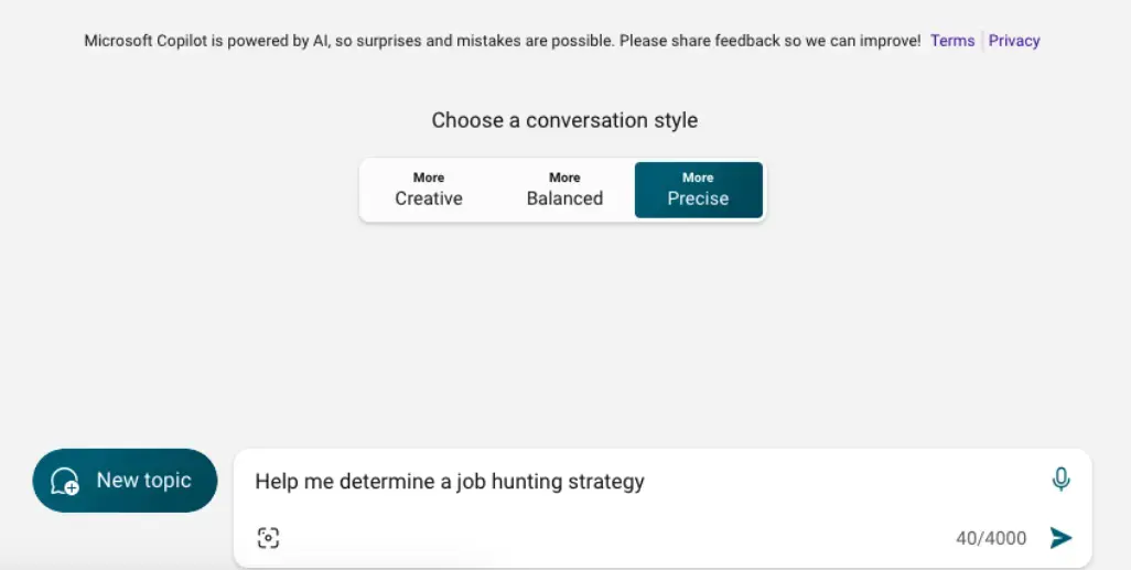 Copilot's interface and the prompt "Help me determine a job-hunting strategy" 