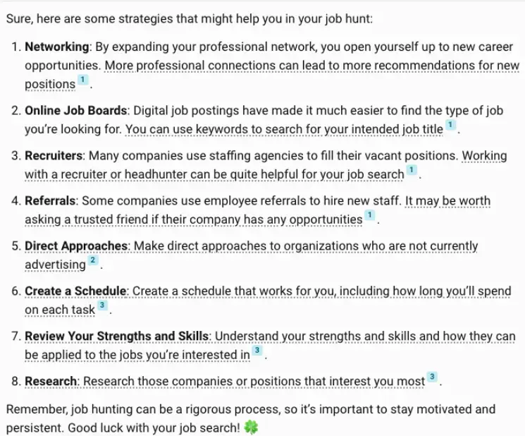 The results of the prompt "Help me determine a job-hunting strategy" 
