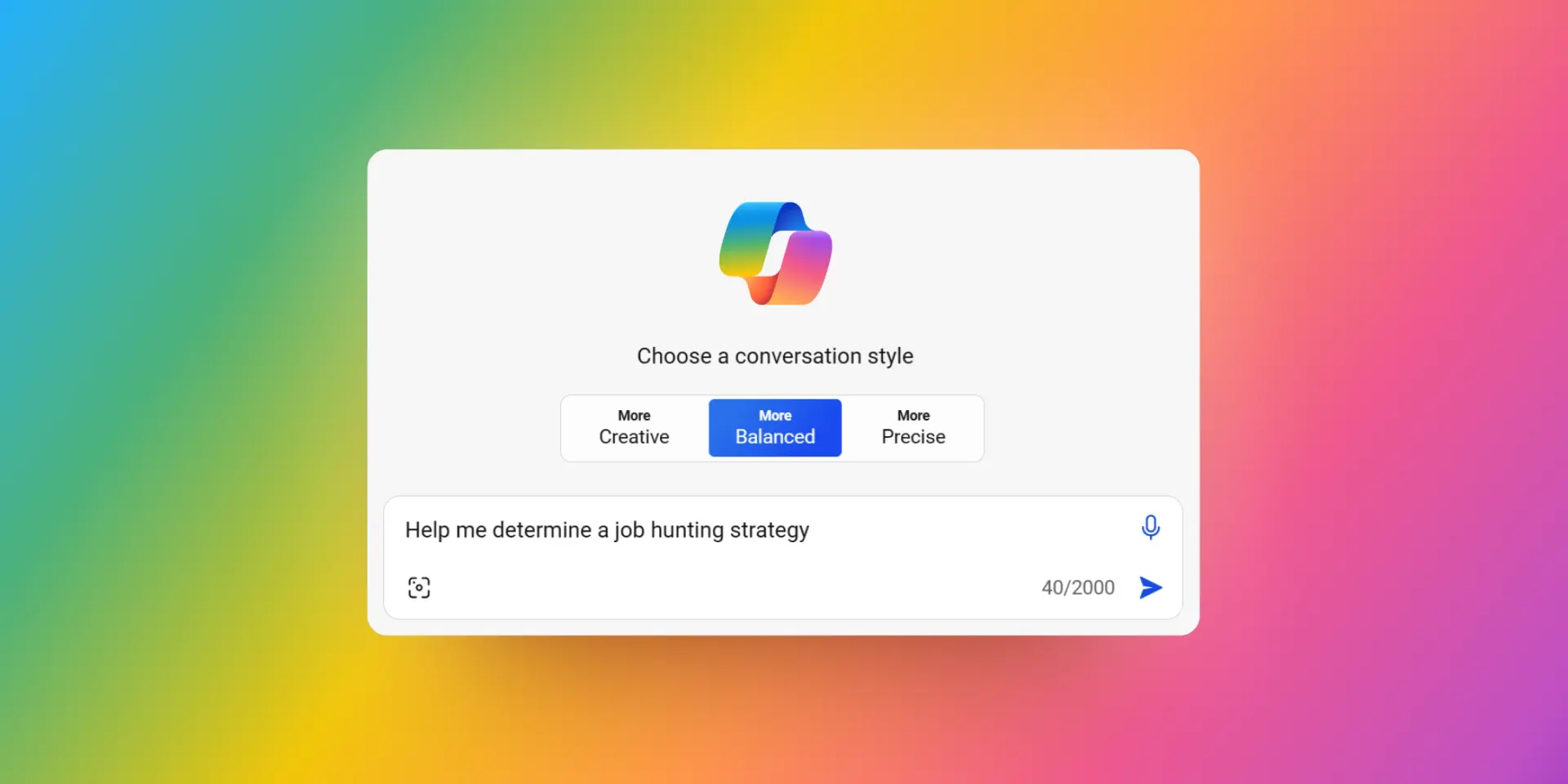The Copilot interface with the prompt "Help me develop a job-hunting strategy" on a rainbow background