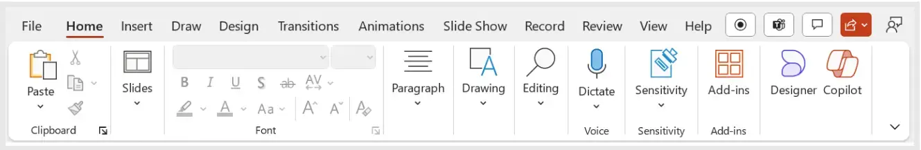 A screenshot of where you can find Copilot in PowerPoint