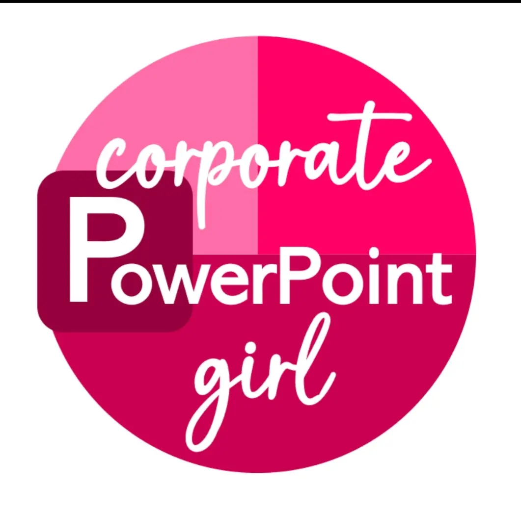 a dark pink colored circle logo with corporate powerpoint girl in the center of it