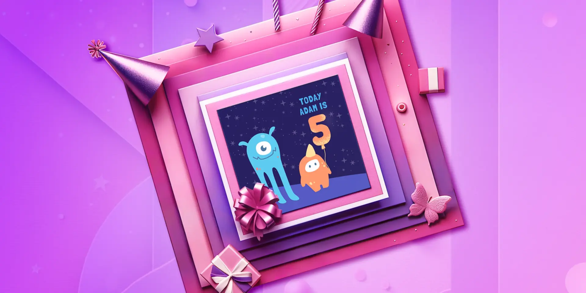 One of the featured birthday card templates in a stylized frame surrounded by party-themed 3D graphics