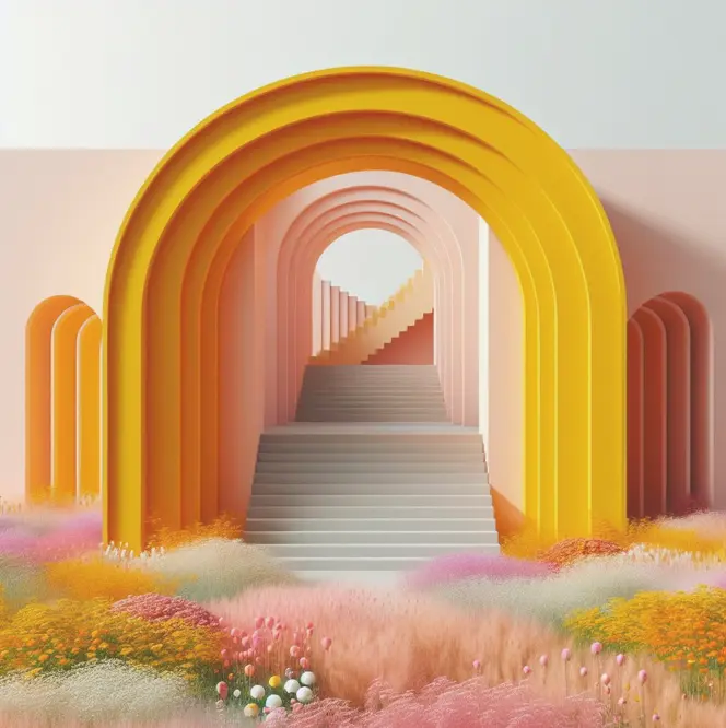 Colorful arches in a surreal outdoor setting