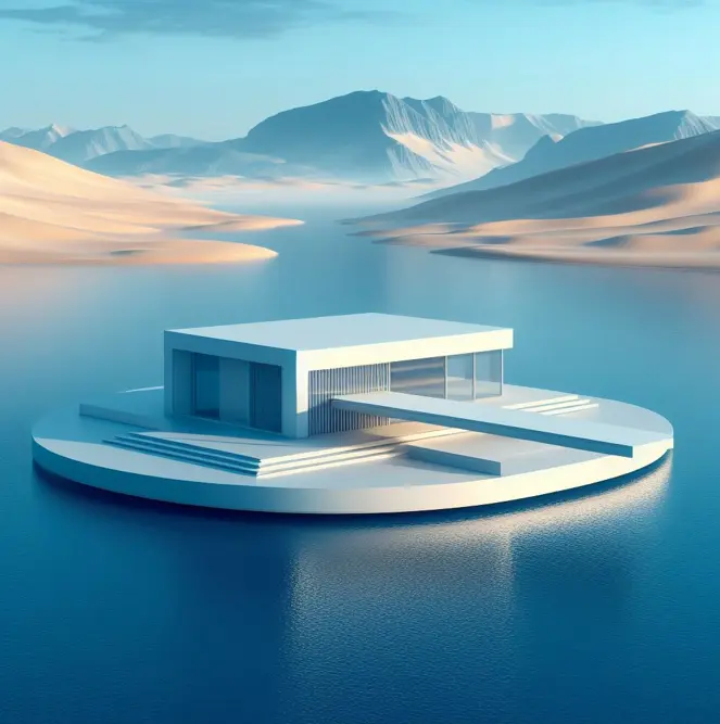 A futuristic house floating in a pristine lake