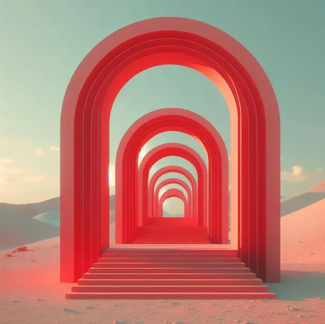 A series of arches in a surreal desert setting