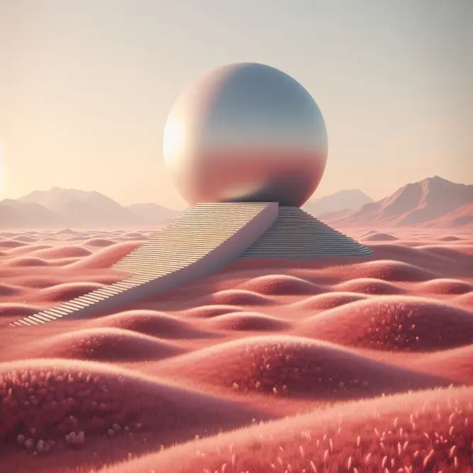 A shimmering sphere atop a pyramid in a pink sand desert