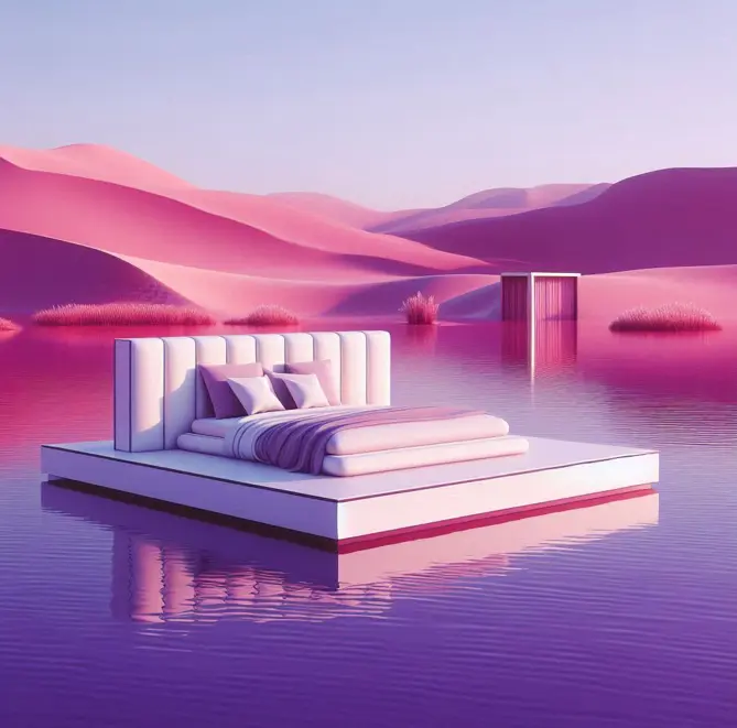 A bed floating on a lake in a pink mountain-like setting