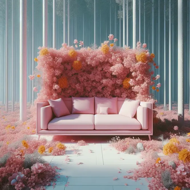 A pink couch growing an explosion of pink flowers