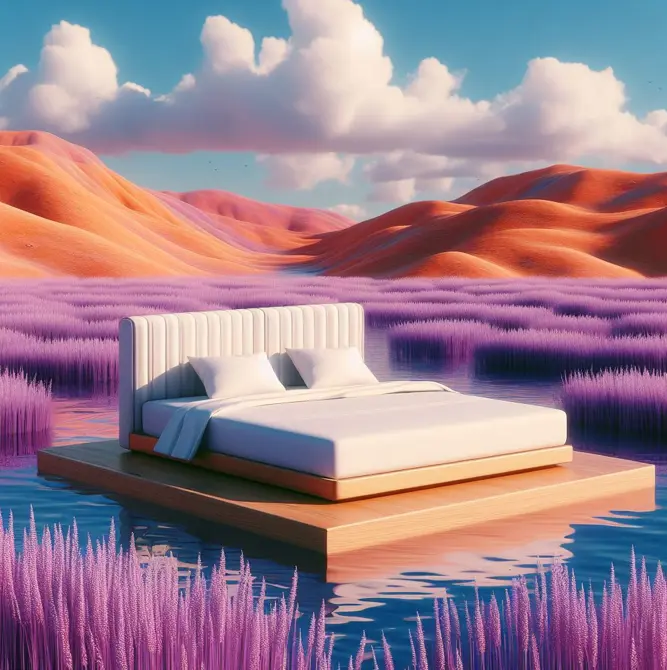 A bed floating on a lake in a purple meadow