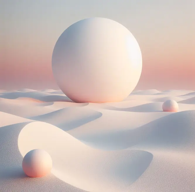 Floating spheres on shimmering white sand