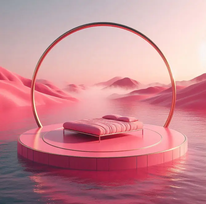 A pink bed under an elegant pink arch, floating on a pink lake 