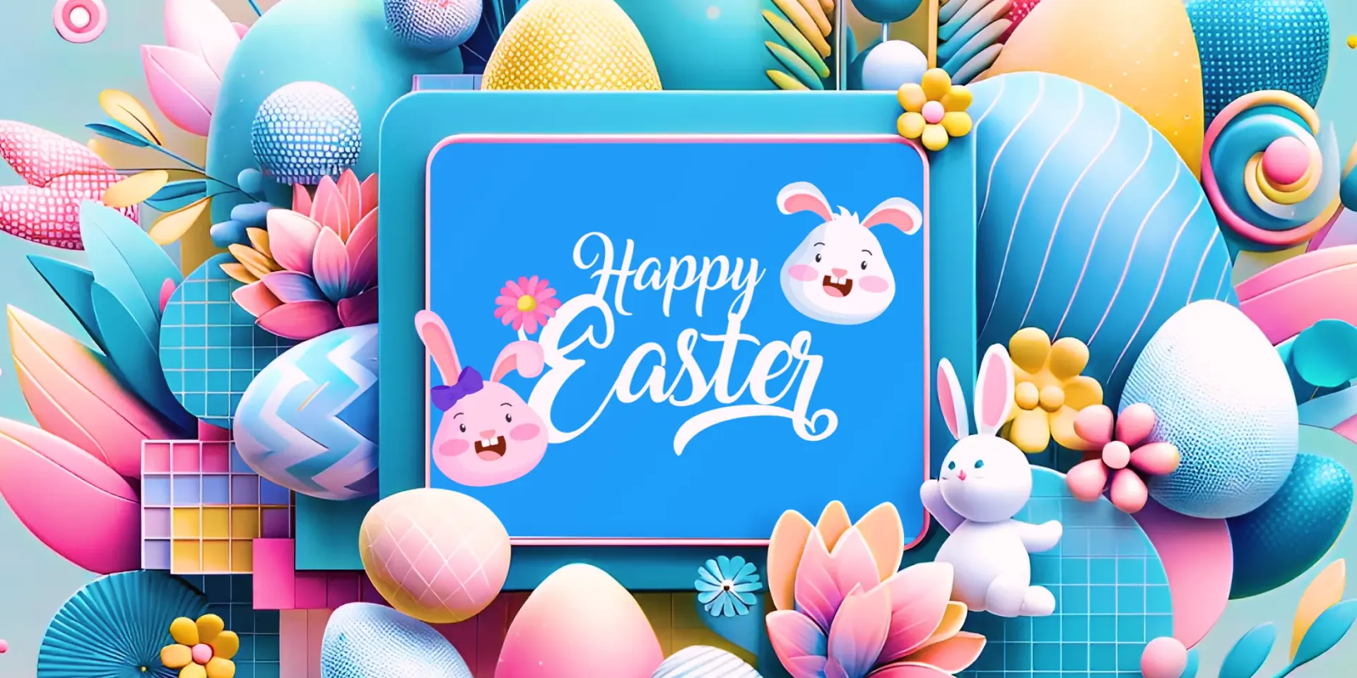 "Happy Easter" on a vibrant sky blue background, surrounded by an explosion of Easter-themed 3D illustrations (Easter eggs, bunnies, and flowers)