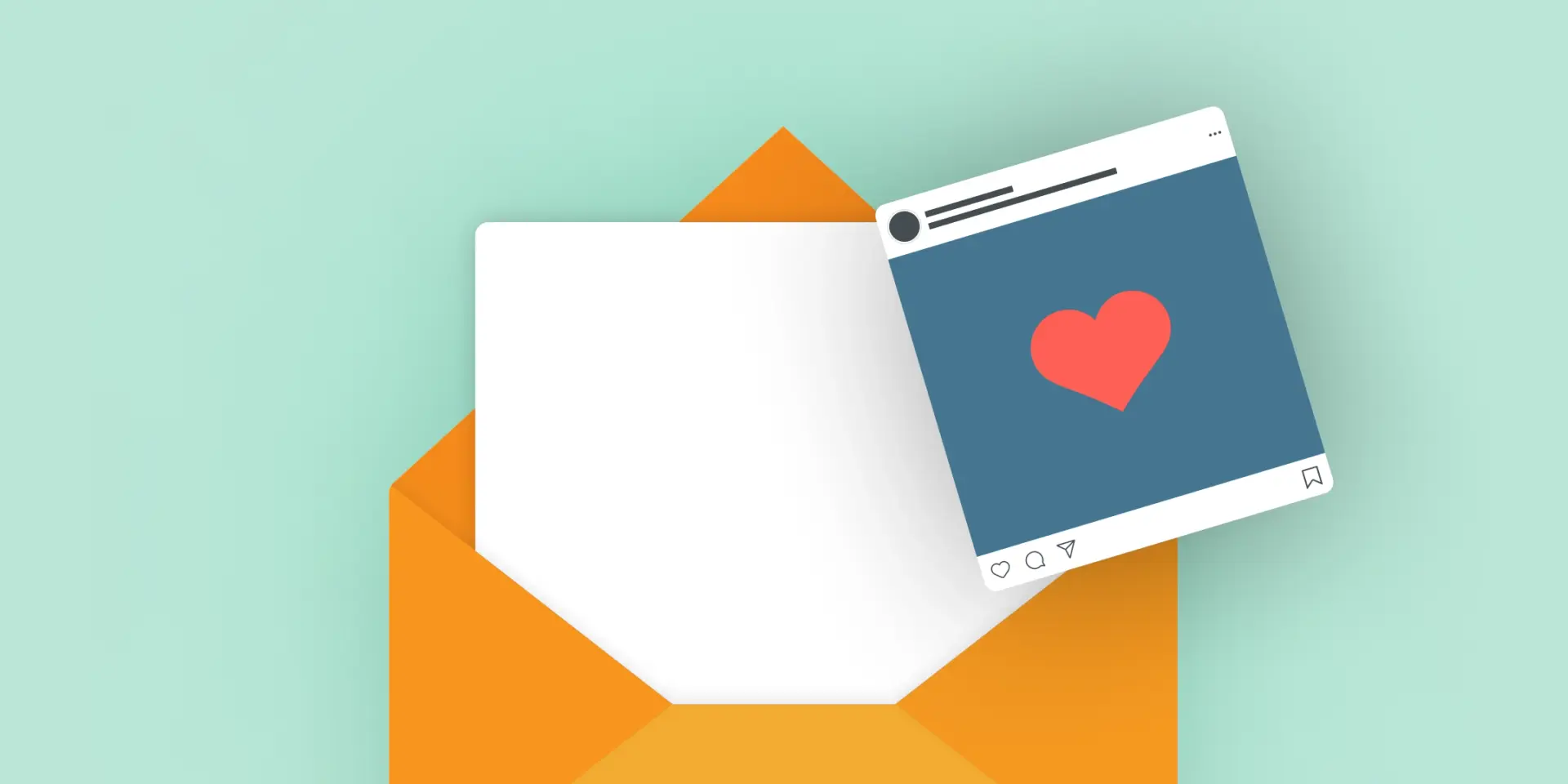 A graphic of an open envelope with a social media profile on top. The profile features a heart icon.