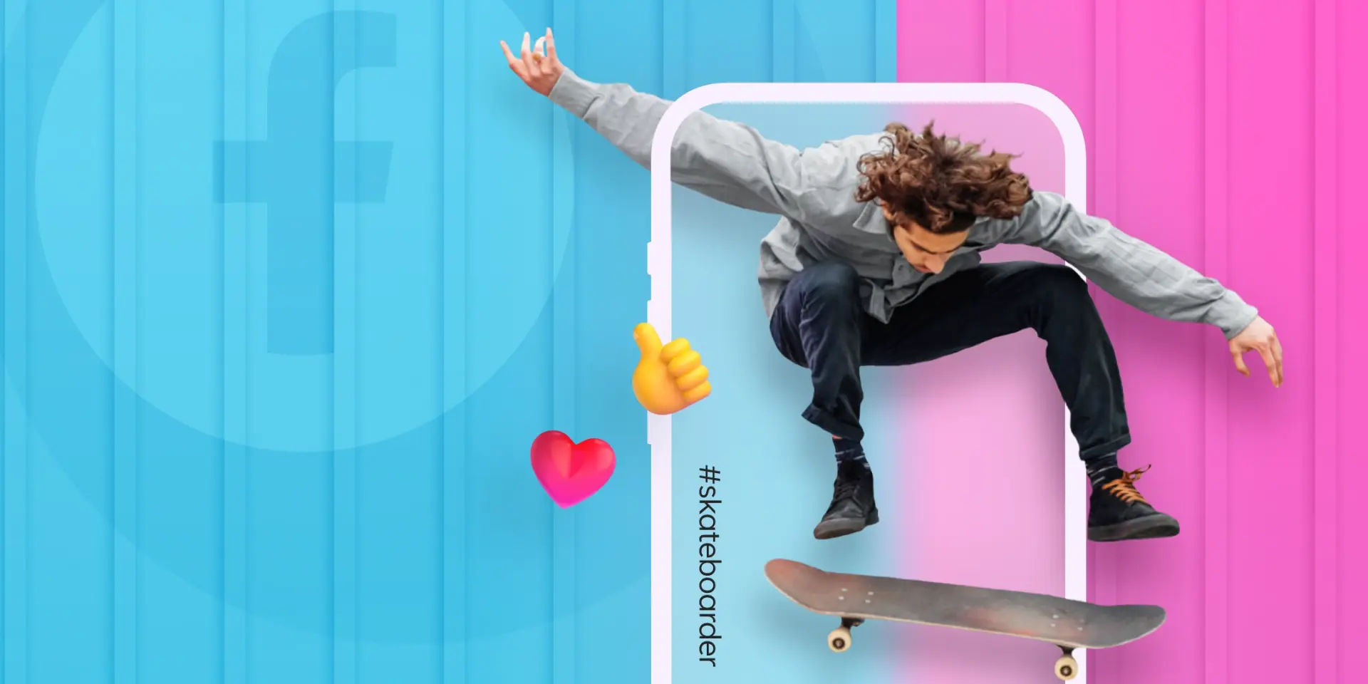 An image of a man with grey sweater doing a skateboard trick, inside of a social media post graphic. 