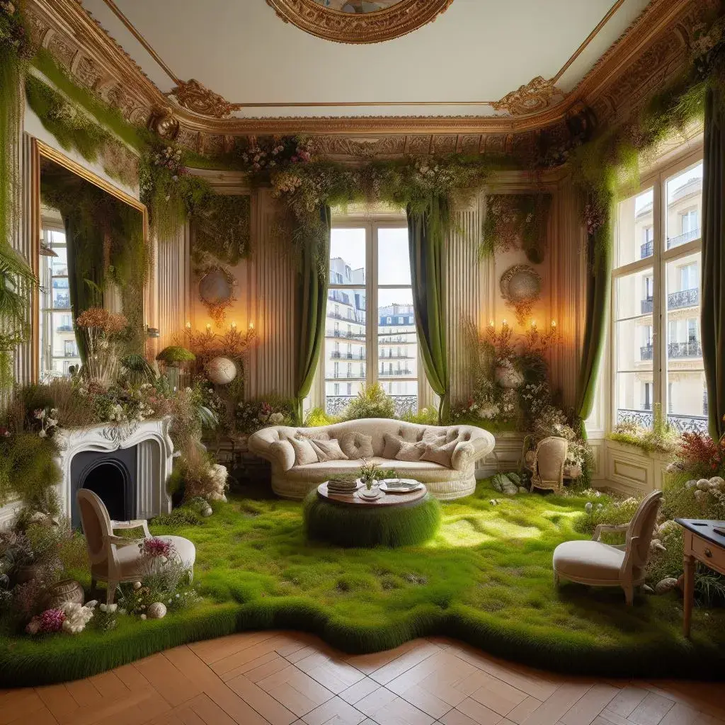 The results of the prompt: "Photography of a living room in Paris made out of grass, nature, flowers, in a hyperrealist style." 