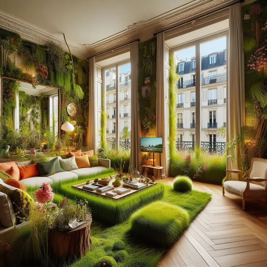 The results of the prompt: "Photography of a living room in Paris made out of grass, nature, flowers, in a hyperrealist style." 