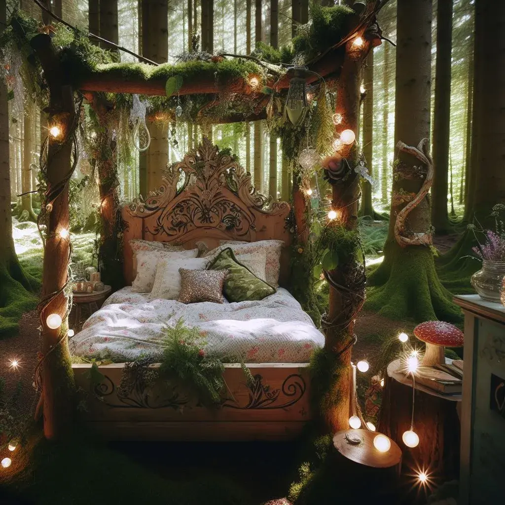 The results of the prompt: "In the German woods, photography of a bedroom owned by a fairy with a bed made out of a tree, decorated with glitter and plants, fairy lights, magical, and with touches of nature."