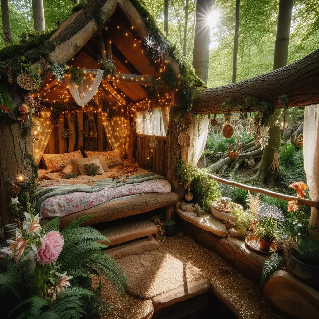 The results of the prompt: "In the German woods, photography of a bedroom owned by a fairy with a bed made out of a tree, decorated with glitter and plants, fairy lights, magical, and with touches of nature."