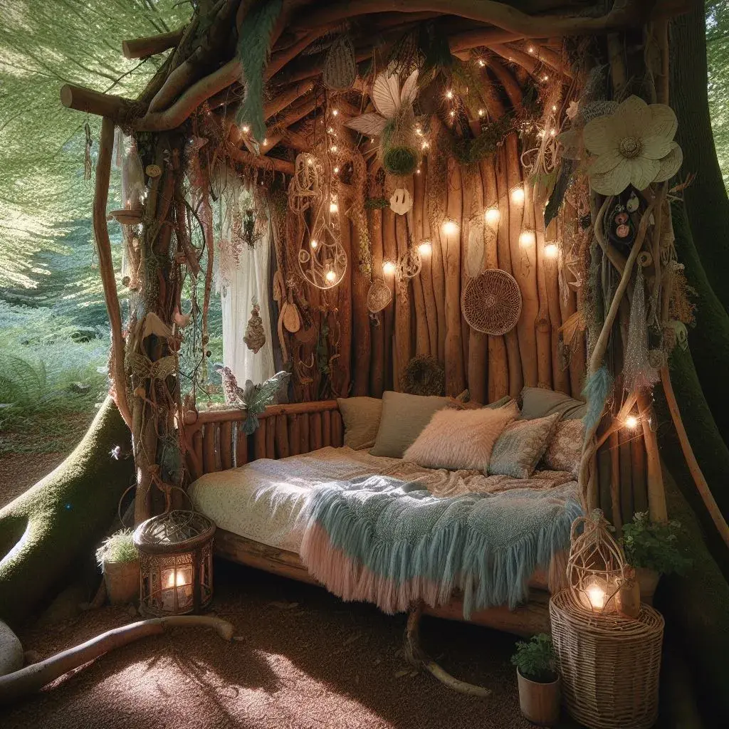 The results of the prompt: "In the German woods, photography of a bedroom owned by a fairy with a bed made out of a tree, decorated with glitter and plants, fairy lights, magical, and with touches of nature."